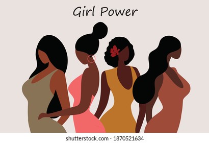 Girl Power, Empowered Women, Black Woman Strong Together Vector Illustration