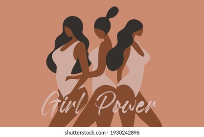 Girl Power, Empowered Women, Black Woman Strong Together Vector Illustration