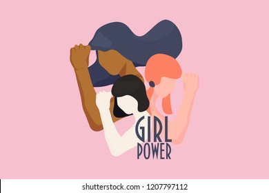 Girl power, empowered women, international feminism ideas poster concept. Female diverse characters of different ethnicity with hands in trendy style. Women Rights and diversity vector illustration. 
