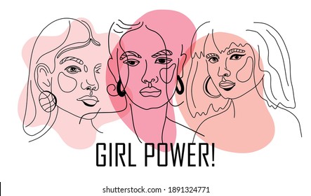 Poder femenino, mujeres empoderadas, concepto de afiche de ideas de feminismo internacional. Ilustración de tendencia lineal de los rostros de las mujeres al estilo moderno. Derechos de la mujer e ilustración vectorial de la diversidad.