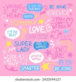 Girl power and empowered women texts such as boss baby, super lady, queen, smarter, be kind, you can do this, forever, cool with you for sticker, print, card, font, typography, decorations, tattoo, ad