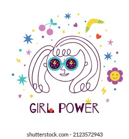 Girl power face. Female abstract face drawn in continuous line. Cute line art woman head. International womens day graphic design. Y2K vector illustration. Girl in sunglasses and stars.