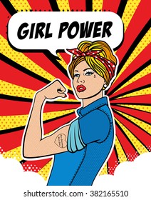 Girl Power! The Factory Girl with biceps, pop art comics retro style Halftone. Imitation of old illustrations. Woman We Can Do It.