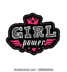 Girl Power - fashion badge or patch. Embroidery with crown, wings and hearts for rock girl gang. Design element, sticker, pin or patches in vintage punk style. T-shirt apparels cool print for girls.