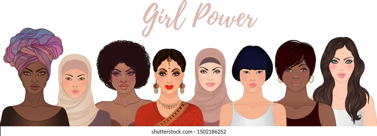 Girl Power. Female diverse faces of different ethnicity. Women empowerment movement. International women´s day isolated illustration in vector.