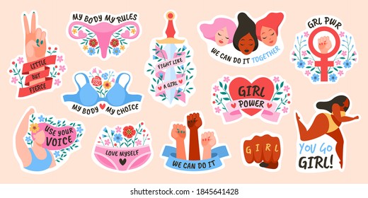 Girl power. Female movement feminist symbols, stickers or comic bubbles and slang words, short quotes grl pwr, body positive and gender equality, woman society and solidarity trendy poster vector set