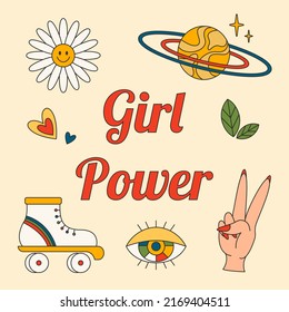 Girl Power. Feminism concept. Groovy Colorful Banner 70s style. Vector Retro Poster, Brochure, Background. Team against discrimination. International Woman Day.