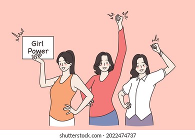 Girl power and feminism concept. Group of young smiling girls friends standing waving hands expressing power and strength vector illustration with sign 