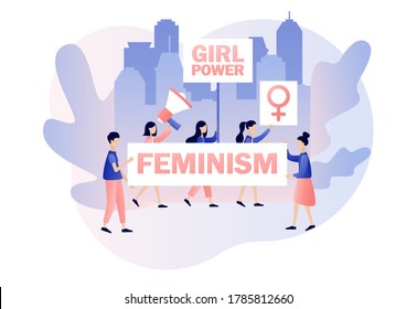 Girl power and feminism concept. Tiny women with banner, posters and megaphon. Female gender symbol. Modern flat cartoon style. Vector illustration on white background