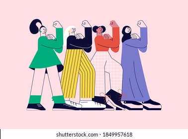 Girl power and feminism concept. Women of different nationalities and cultures standing together on pink in modern outline minimalism design. Flat Art Vector Illustration. 