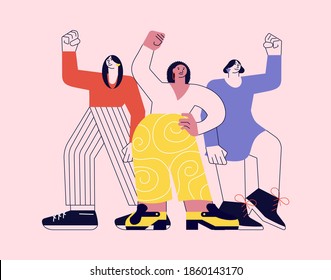 Girl power and feminism concept. Women of different nationalities and cultures standing together on pink in modern outline minimalism design. Flat Art Vector Illustration. 