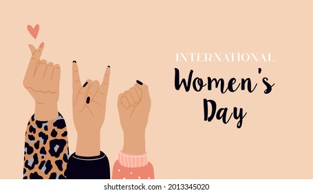 Girl power, feminism and International Women's Day concept . Vector illustration with Woman's hand.