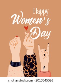 Girl power, feminism and International Women's Day concept . Vector illustration with Woman's hand.