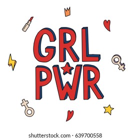 Girl power. Feminism quote, woman motivational slogan. Vector illustration of girls symbols. Feminist saying. Rough typography with brush lettering.