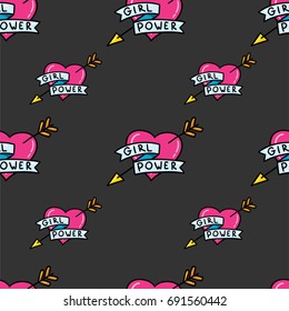 Girl power feminism seamless pattern background with hearts, arrows, and hand drawn lettering on dark background