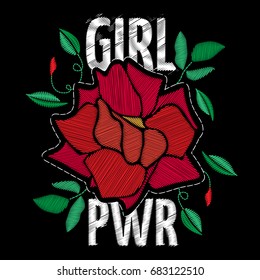 Girl Power - Feminism Slogan, Fashion Patch Or Badge. Embroidery Rose With Leaves For Rock Girl Gang. Vector Sticker, Pin Or Patches In Vintage Punk Style. T-shirt Apparels Print For Girls