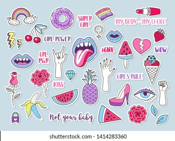Girl Power Feminism slogan and quote, doodle hipster elements in comic style. Trendy collection of stickers, fashion patch badges design. Motivation protest poster