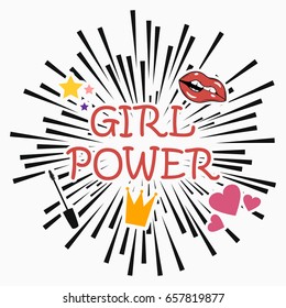 Girl power - feminism slogan with star, lips, heart, mascara, crown. Vector poster at comic explosion background. Print for t-shirt, clothes, card. 