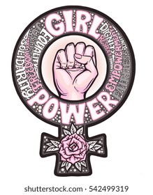 El feminismo Girl Power es una ilustración vectorial dibujada a mano con puño y rosa. Diseño creativo y detallado para emblemas, camisetas, pegatinas, afiches, decoración de paredes, impresión.