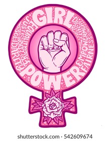 Girl Power feminism symbol hand drawn vector lettering illustration with fist and rose. Detailed creative unique design for emblem, t-shirt, sticker, poster, wall decoration, print.