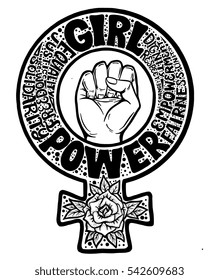 Girl Power feminism symbol hand drawn vector lettering illustration with fist and rose. Detailed creative unique design for emblem, t-shirt, sticker, poster, wall decoration, print.