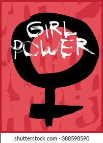 Girl power feminism symbol written in ink on pink background. T-shirt illustration concept.