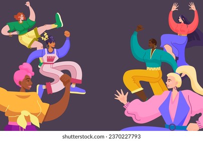 Girl power and feminist movement concept. Happy women international team. You go girl. Strong women jumps. Gender equality and empowerment. Women's day. Cartoon flat vector illustration.