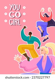 Girl power and feminist movement concept. Happy women international team. You go girl. Strong women jumps. Gender equality and empowerment. Women's day. Cartoon flat vector illustration.