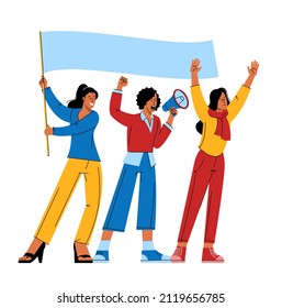 Girl power and feminist movement flat design vector concept. Angry protesters with fists raised up at demonstration. Movement and protesting against discrimination.