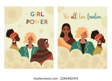 Girl power. Feminist movement. Womens of different nationalities together. Feminism, women empowerment, support, diversity, gender equality concept. Vector illustration for social media post, poster