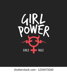 Girl Power Feminist Slogan Badge Feminine Symbol And Devil Horns. Girls Rule Quote. Vector Vintage Illustration.