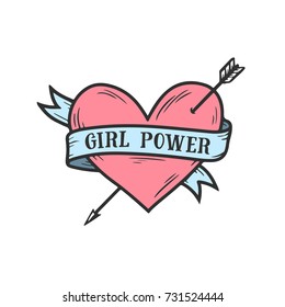 Girl power feminist slogan badge with rose heart. Future is female quote. Vector vintage illustration.