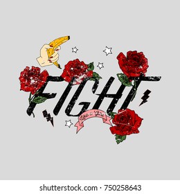 Girl power, Fight slogan. Banana with rose.Rock and roll girl patch. Typography graphic print, fashion drawing for t-shirts .Vector stickers,print, patches vintage 