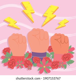 Girl power fists up flowers and thunders design of woman empowerment female feminism and rights theme Vector illustration