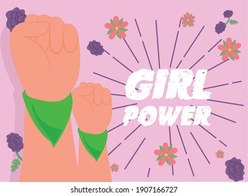 Girl power fists up with green kerchief design of woman empowerment female feminism and rights theme Vector illustration