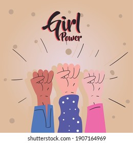 Girl power fists hands up design of Woman empowerment female feminism and rights theme Vector illustration