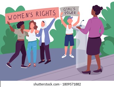 Girl power flat color vector illustration. Women rights. Female empowerment. Progressive movement. Revolution girl-style 2D cartoon faceless characters with public gathering place on background
