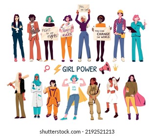 Girl power flat set of female characters of different ethnicity fighting for women rights isolated vector illustration