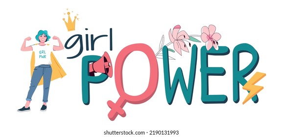 Girl power flat text with big letters decorated with pink flowers and strong super woman in gold cloak vector illustration