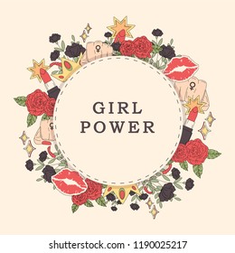 Girl power flower frame vector