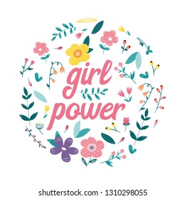 Girl power, flowers arranged in circle. Floral design.  Vector illustration.