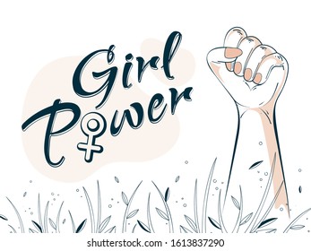 Girl Power Font with Female Hydrosexual Sign and Sketching Hand Fist on White Leaves Background.