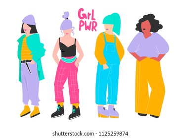 Girl power. Four fashion girls. Colored vector set. All elements are isolated