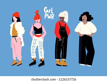 Girl power. Four fashion girls. Colored vector set. Blue background. All elements are isolated