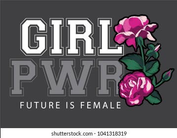 Girl Power, Future is Female Fashion Slogan Rose with Leaves wings Punk girl gang, Girl Gang patches, badges T-shirt apparels print tee graphic design. Vector sticker, pin, patch vintage rock style.