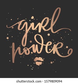 Girl power golden vector inscription. GRL PWR hand lettering. Feminist slogan. Woman Motivational phrase, quote or saying. Modern brush calligraphy.