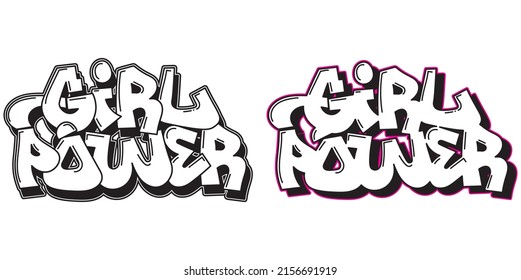 Girl Power Graffiti decorative lettering. Free wild style on the wall. City urban illegal action by aerosol spray paint. Vandal, street art. Underground hip hop type vector illustration.