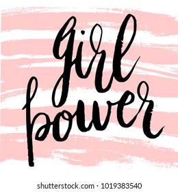 Girl power greeting card with handwritten lettering dry brush stroke background.