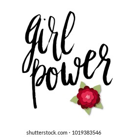 Girl power greeting card with handwritten lettering paper craft flowers.