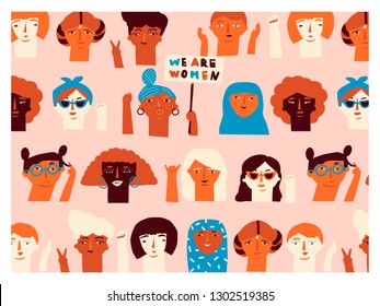 Girl power greeting inspirational card with women faces. Feminism international women day poster.